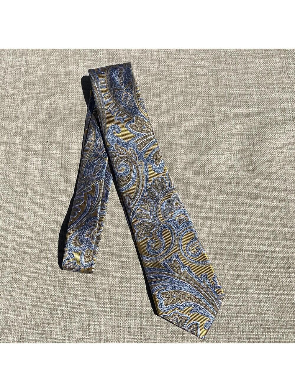 Nordstrom Men’s Tie 100% Silk Mustard Yellow Sky Blue Paisley